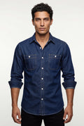 Navy Blue Classic Button-up Shirt with Chest Flap Pockets - Denim shirt - Photo 2