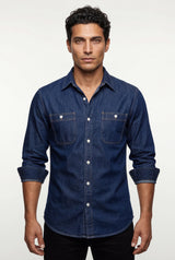 Navy Blue Classic Button-up Shirt with Chest Flap Pockets - Denim shirt - Photo 2