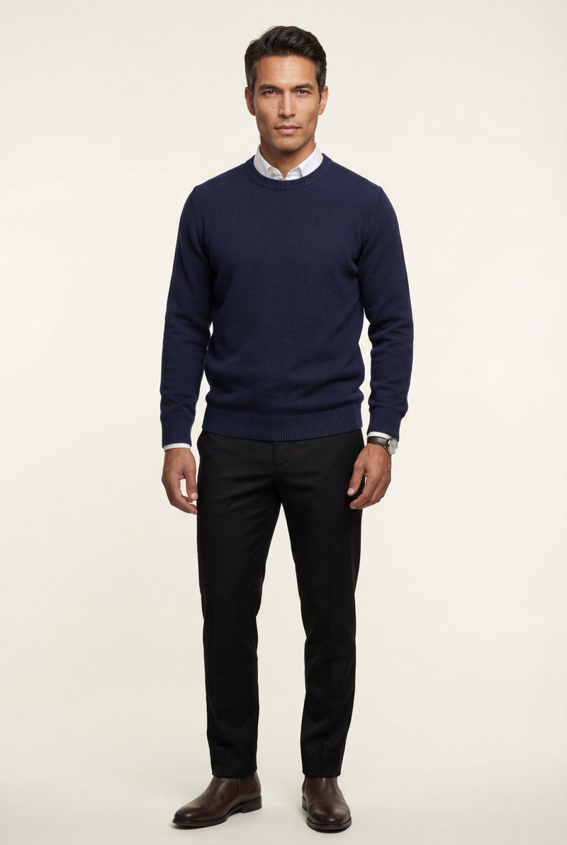 Navy Blue Classic Crew Neck Pullover Sweater with Ribbed Trim - Round neck sweater - Photo 1