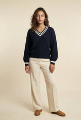 Navy Blue Contrast Stripe Navy Ribbed V-neck Sweater - Knit sweaters - Photo 1