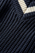 Navy Blue Contrast Stripe Navy Ribbed V-neck Sweater - Knit sweaters - Photo 2