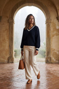 Navy Blue Contrast Stripe Navy Ribbed V-neck Sweater - Knit sweaters - Photo 3
