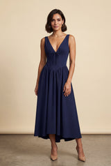 Navy Blue Corset Bodice Sleeveless Midi Dress with Tie Front - Photo 1