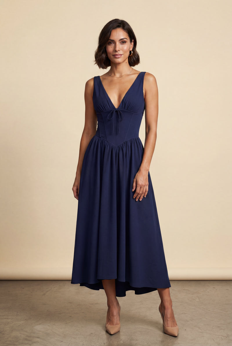 Navy Blue Corset Bodice Sleeveless Midi Dress with Tie Front - Photo 1