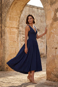 Navy Blue Corset Bodice Sleeveless Midi Dress with Tie Front - Photo 12
