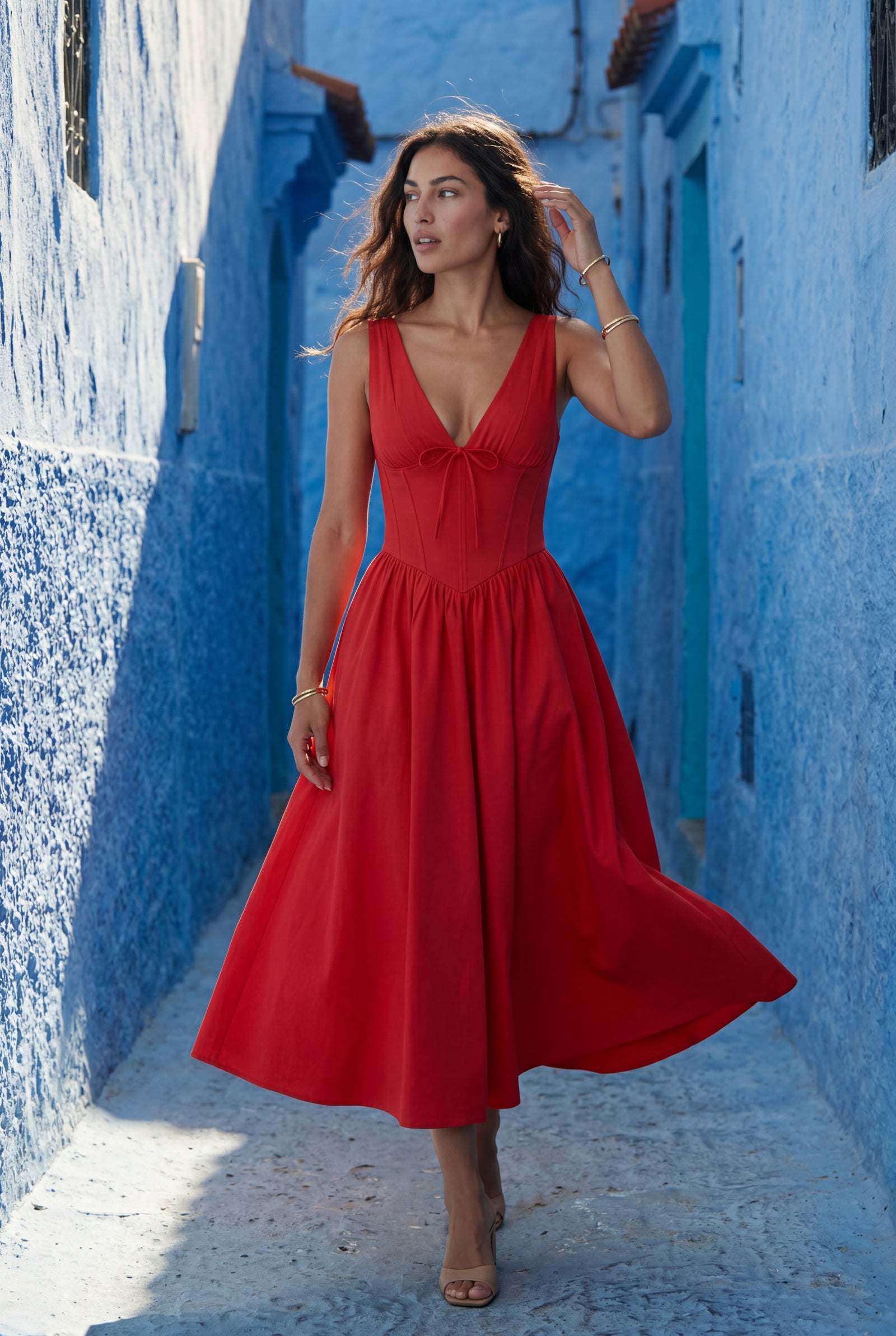Red Corset Bodice Sleeveless Midi Dress with Tie Front - Photo 17