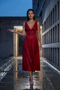 Red Corset Bodice Sleeveless Midi Dress with Tie Front - Photo 24