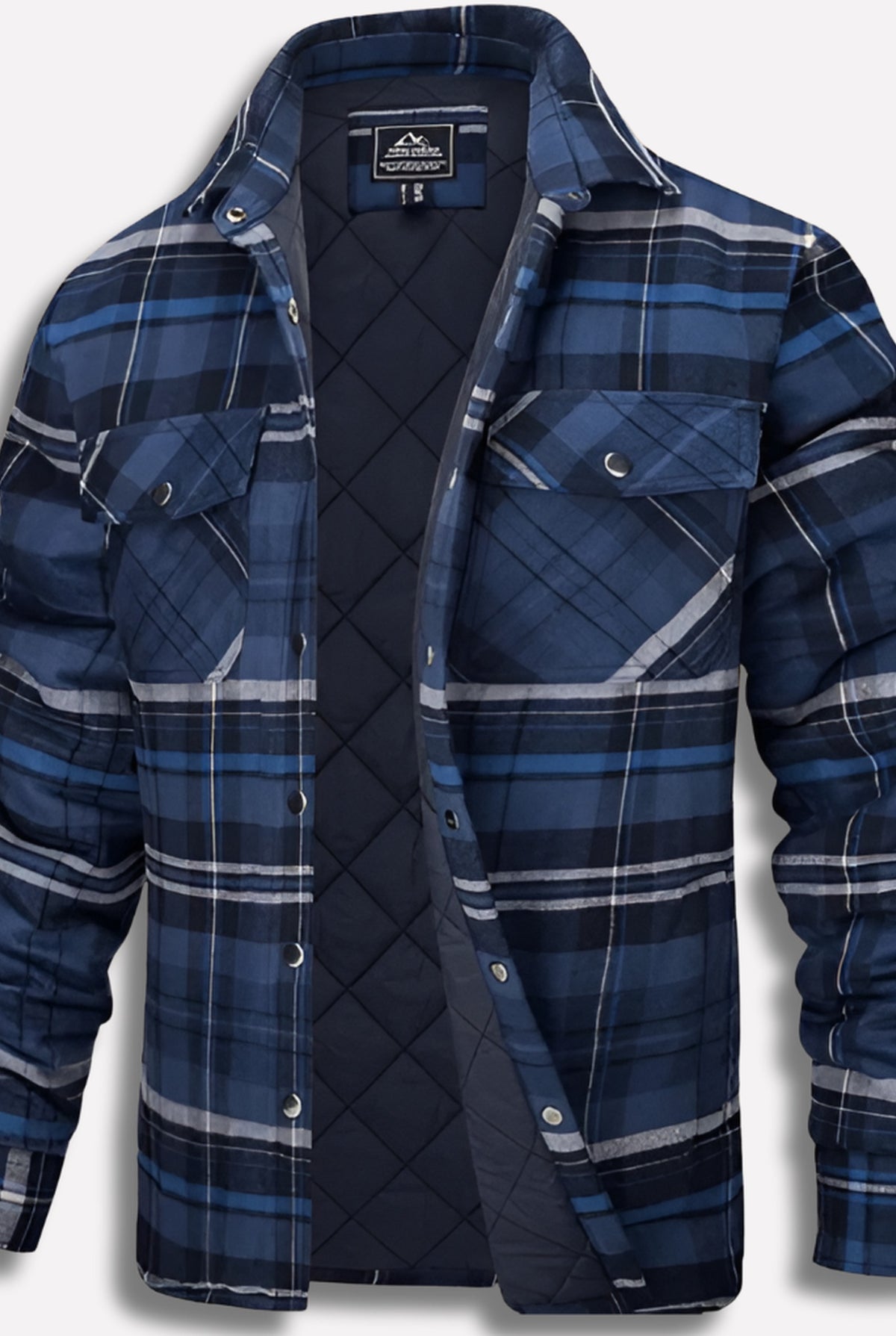 Cotton Plaid Shirt Jacket in Navy Blue — front view