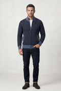 Navy Blue Diamond Jacquard Zip-up Cardigan with Ribbed Stand Collar - Photo 3