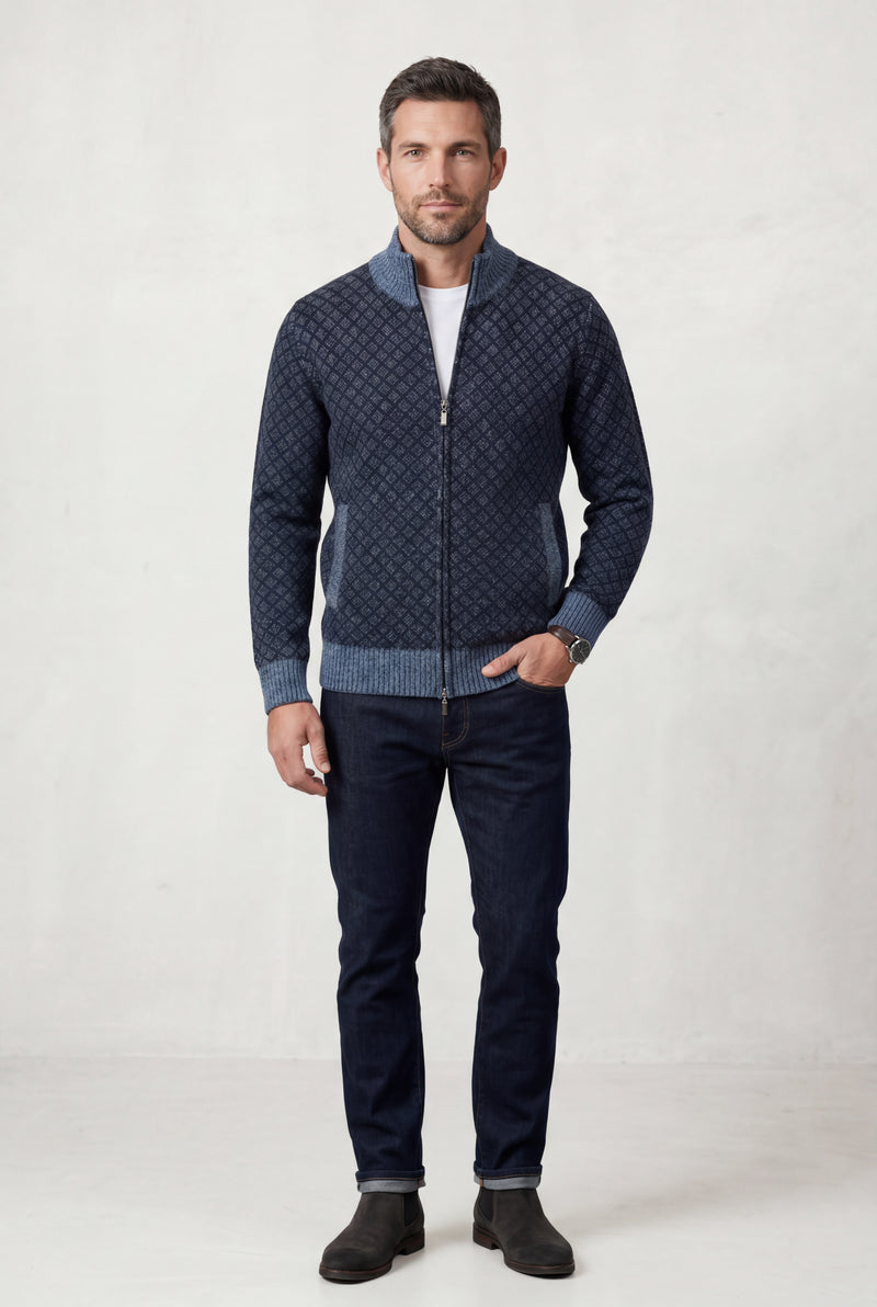 Navy Blue Diamond Jacquard Zip-up Cardigan with Ribbed Stand Collar - Photo 3