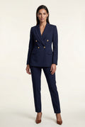 Navy Blue Double-breasted Blazer and Slim Trouser Suit Set - Photo 9