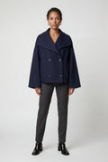 Navy Blue Double-breasted Hip-length Short Coat with Classic Collar - Short coats - Photo 5