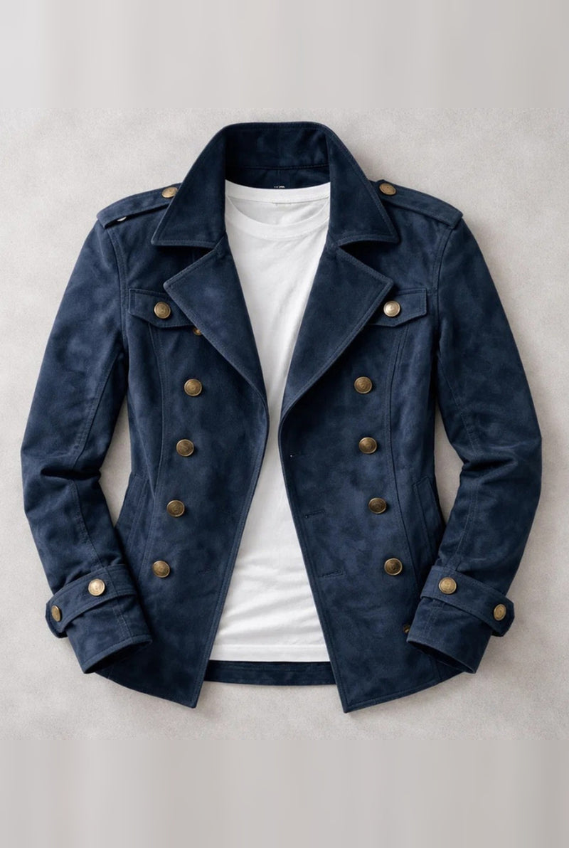 Double-Breasted Suede Pea Coat in Navy Blue — front view