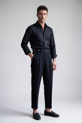 Navy Blue Double Pleat High-waisted Tailored Trousers with Side Adjusters - Pleated trousers - Photo 1
