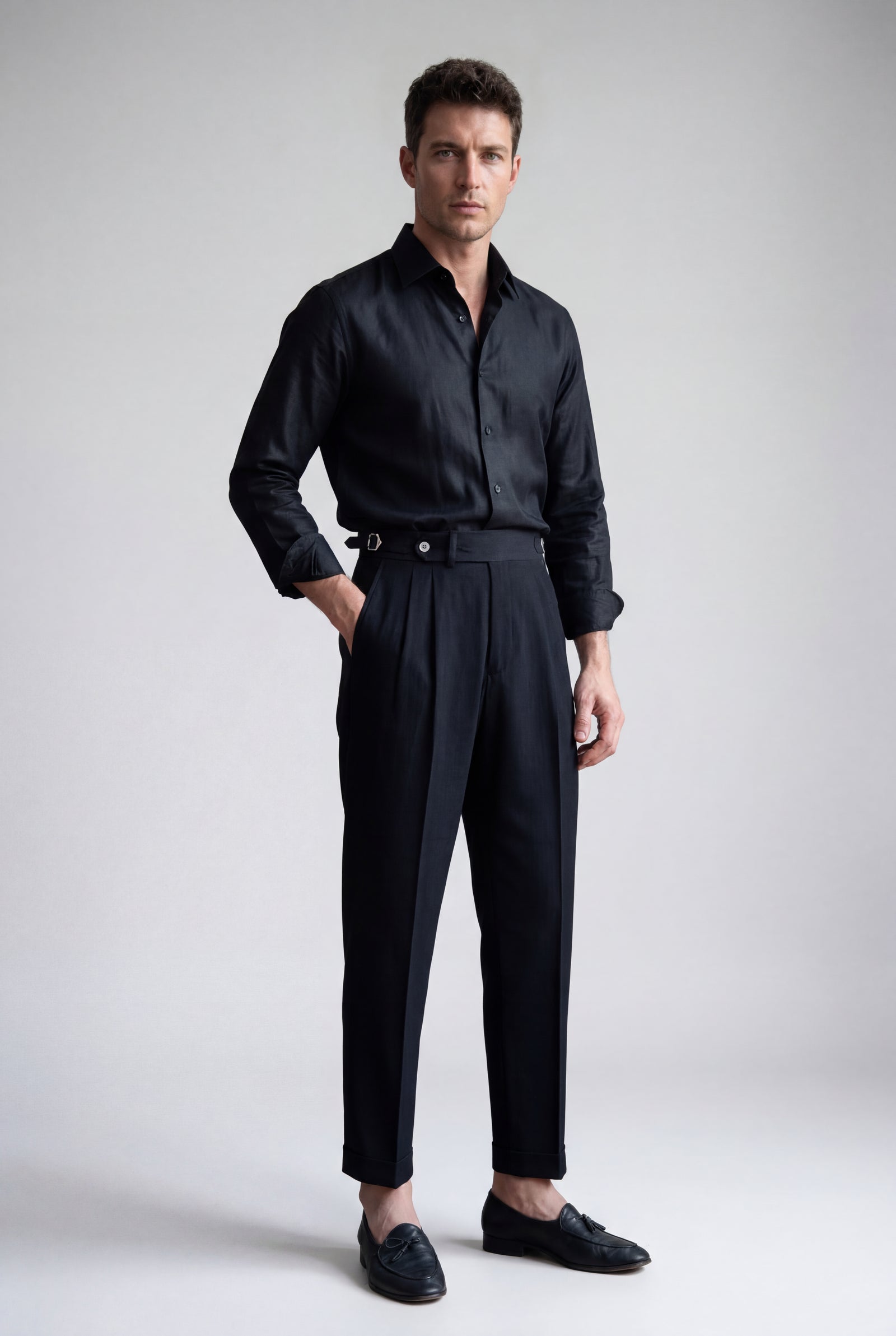 Navy Blue Double Pleat High-waisted Tailored Trousers with Side Adjusters - Pleated trousers - Photo 1