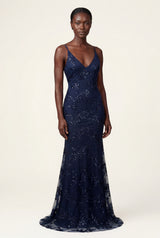 Navy Blue Embellished Deep V-neck Floor-length Evening Gown - Photo 1