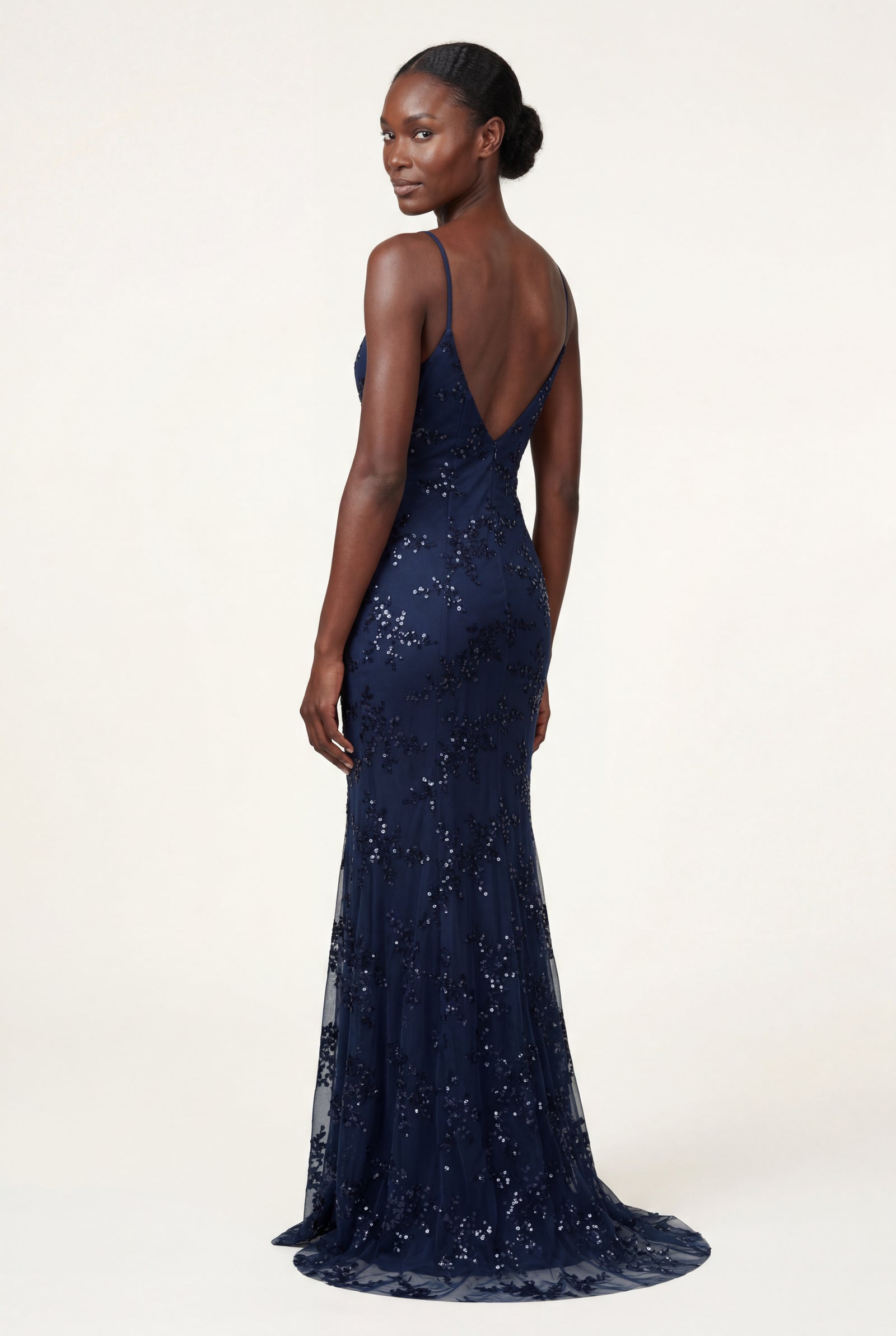 Navy Blue Embellished Deep V-neck Floor-length Evening Gown - Photo 3