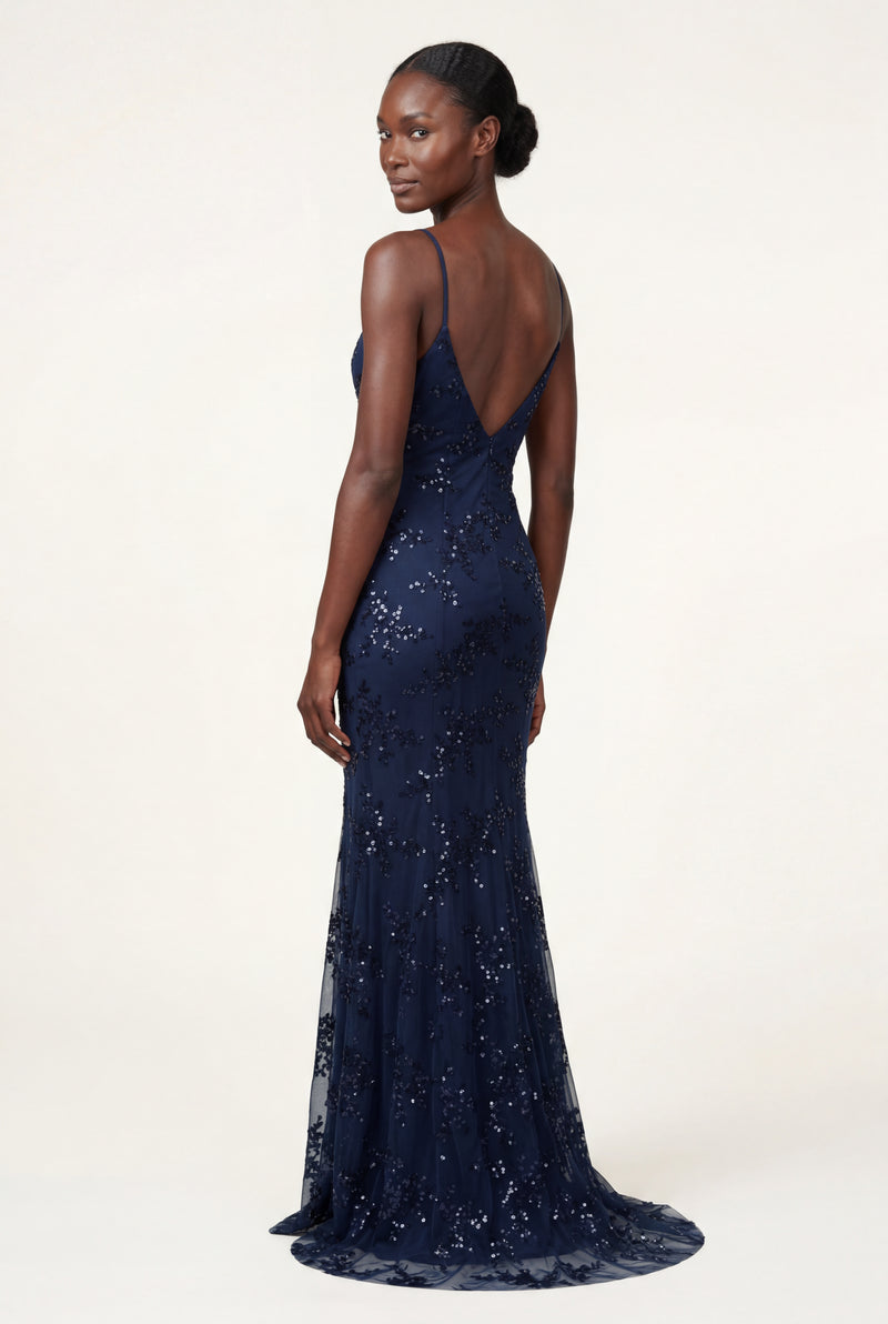 Navy Blue Embellished Deep V-neck Floor-length Evening Gown - Photo 3