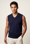 Navy Blue Fine V-neck Sweater Vest with Ribbed Hem - Vests - Photo 3