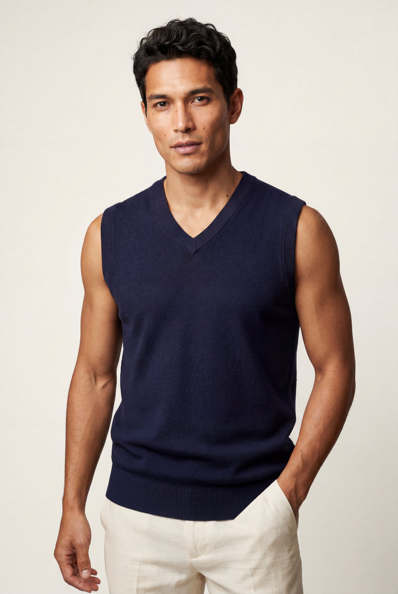 Navy Blue Fine V-neck Sweater Vest with Ribbed Hem - Vests - Photo 3