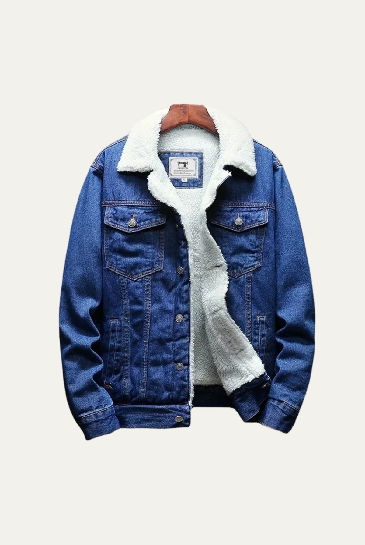Fleece-Lined Denim Trucker Jacket in Navy Blue — front view