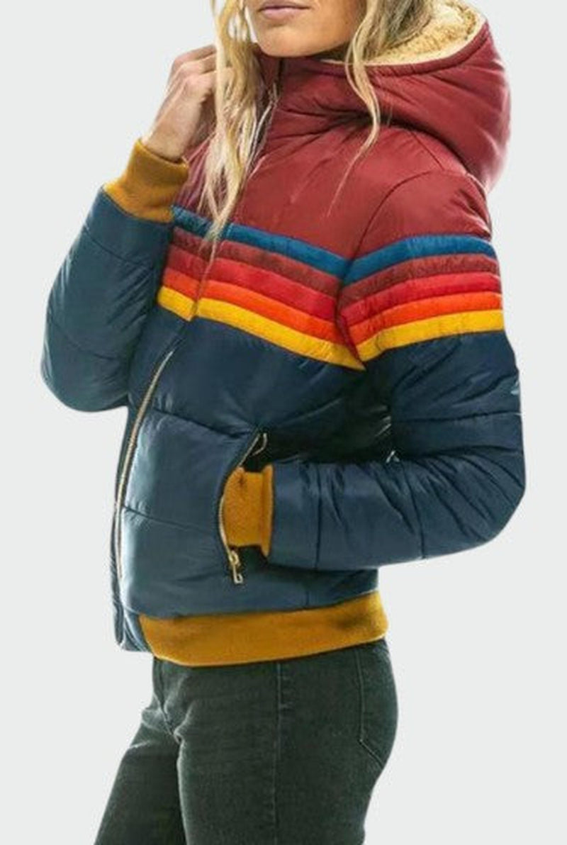 Hooded Color-Block Puffer Jacket in Navy Blue — side