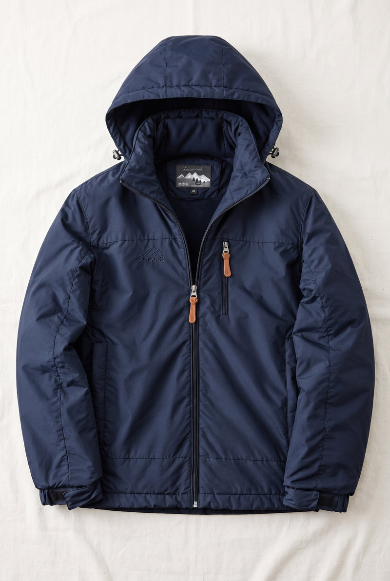 Insulated Hooded Jacket in Navy Blue — studio front
