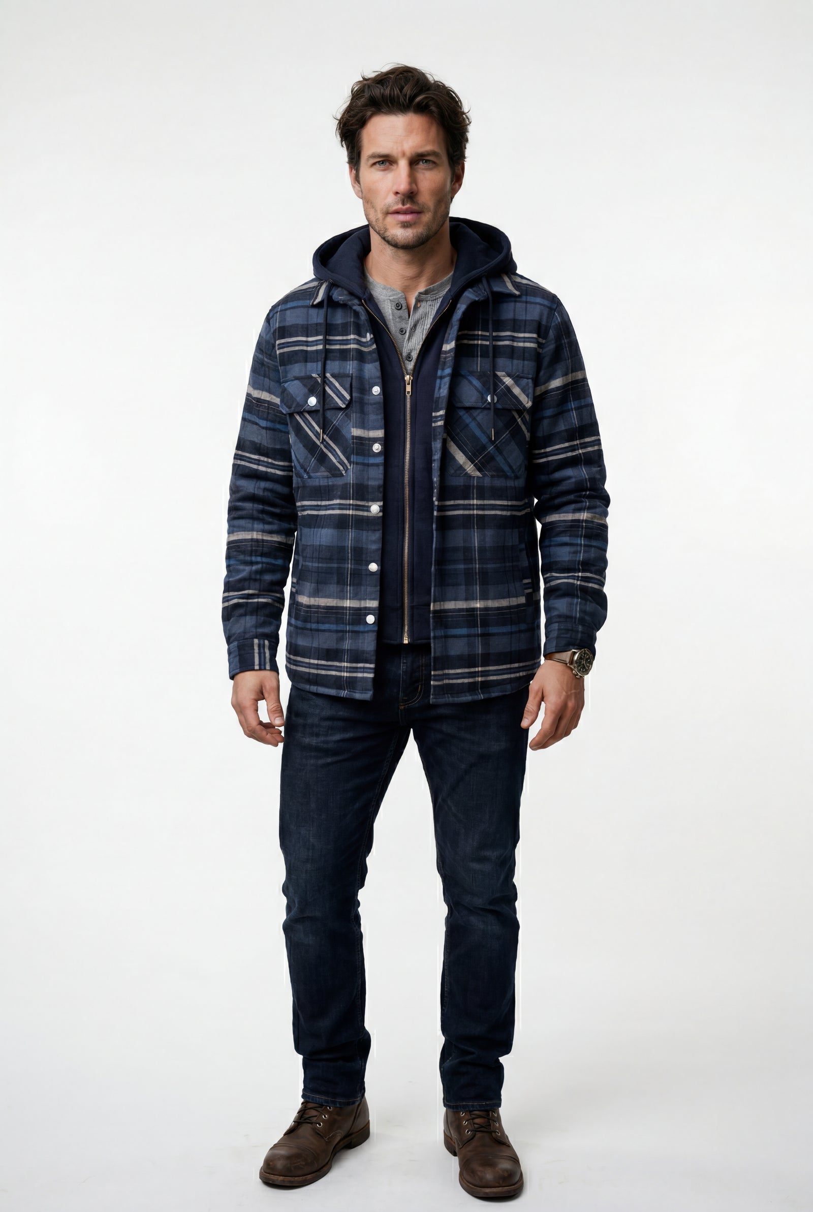Navy Blue Large Check Pattern Hooded Flannel Jacket - Hooded jackets - Photo 13