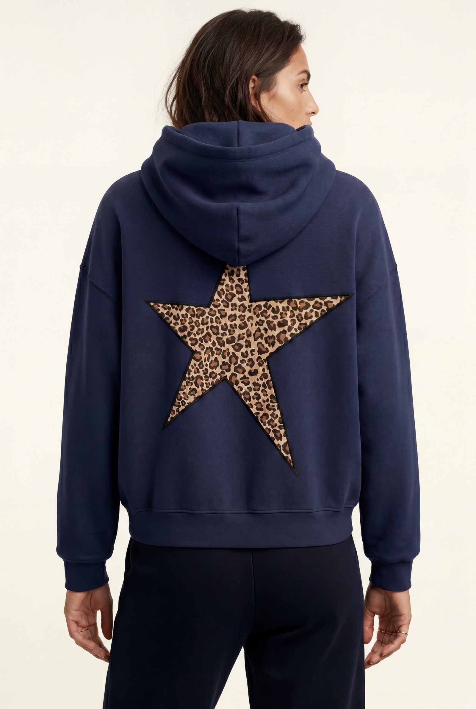 Navy Blue Leopard Print Star Back Oversized Hoodie - Photo 2