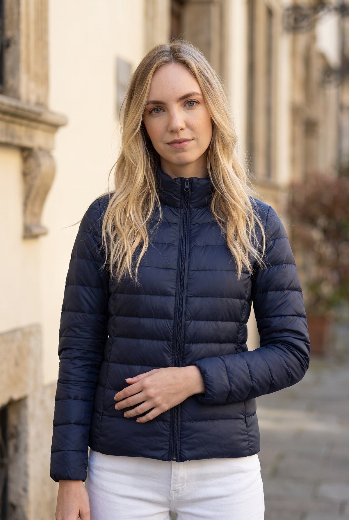 Lightweight Quilted Puffer Jacket in Navy Blue — studio front