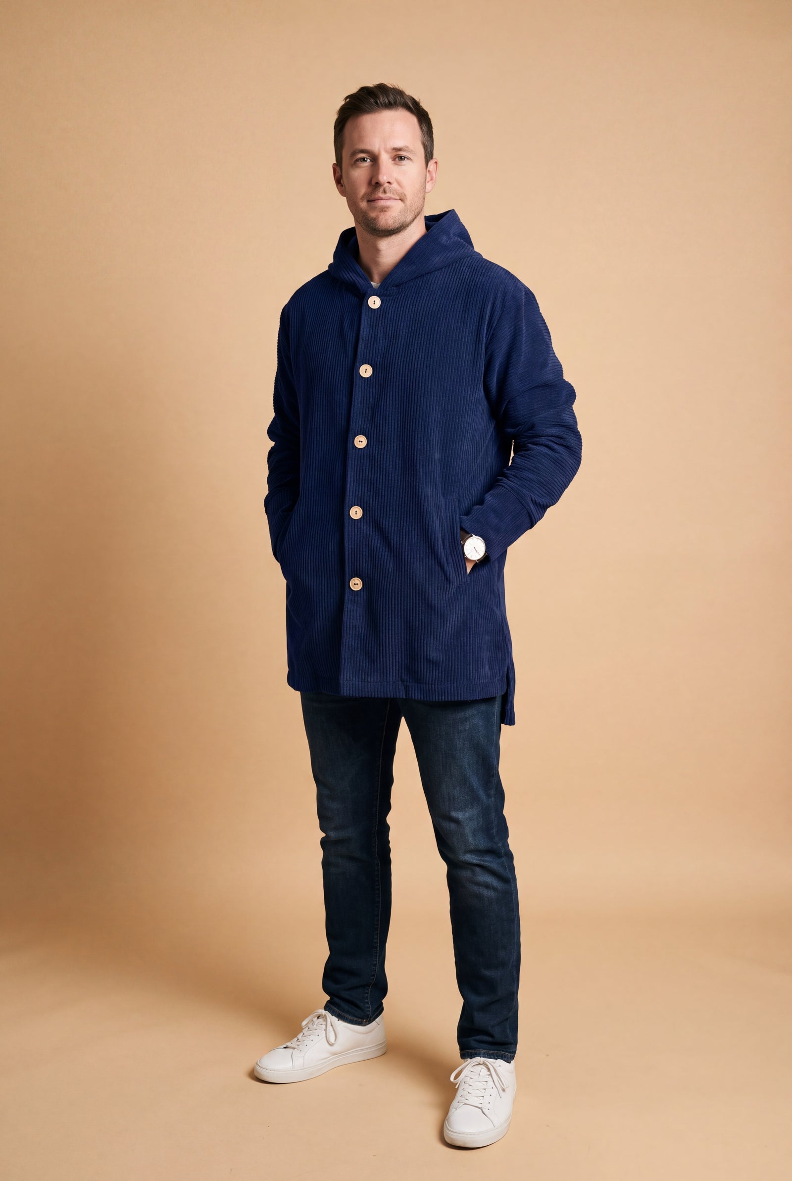 Men's Hoodie Jacket Relaxed Fit in Navy Blue — studio front