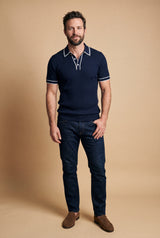 Men's Polo Shirt Color-Blocked Short Sleeve in Navy Blue — studio full body