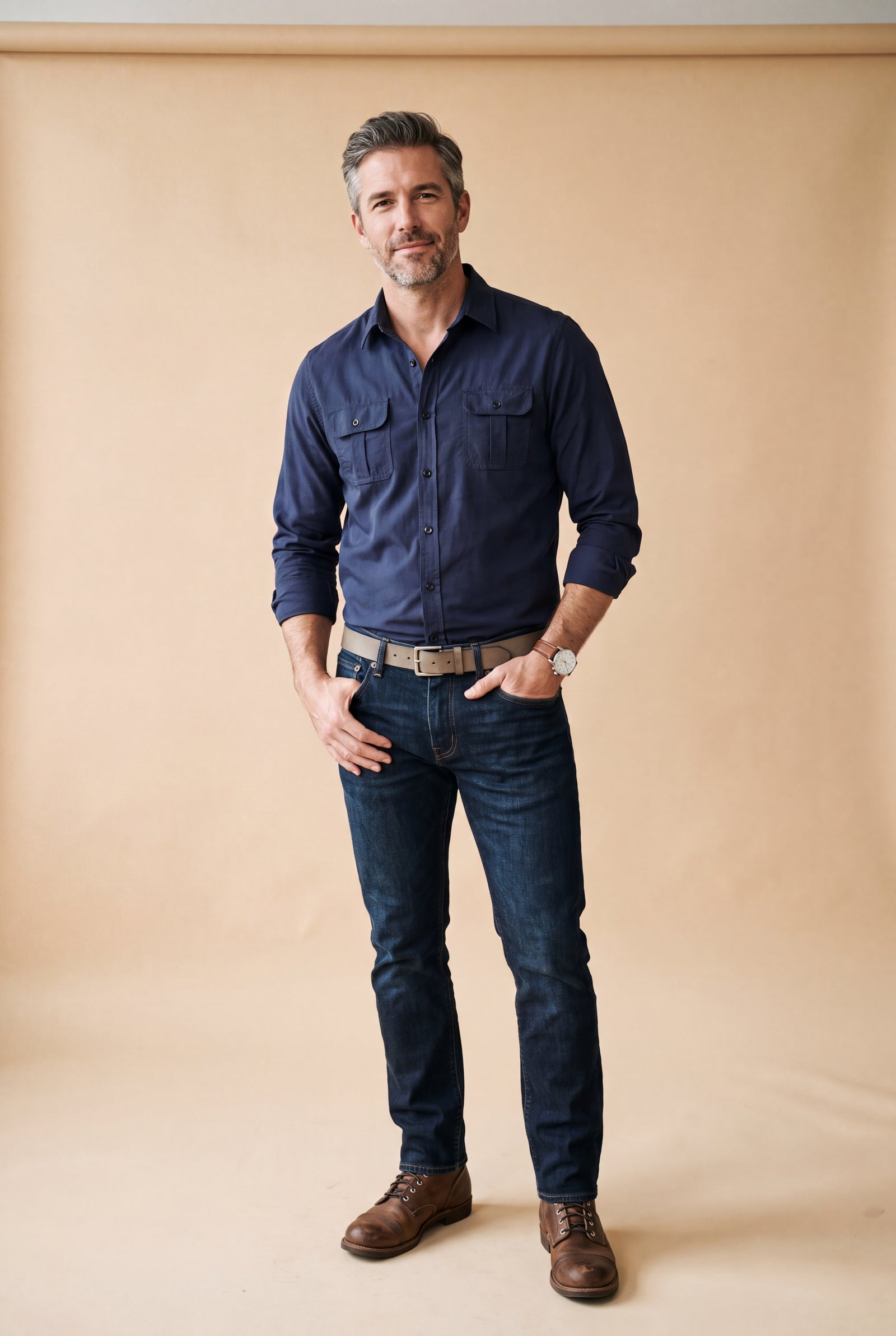 Men's Shirt Button Pockets Long Sleeve in Navy Blue — primary studio