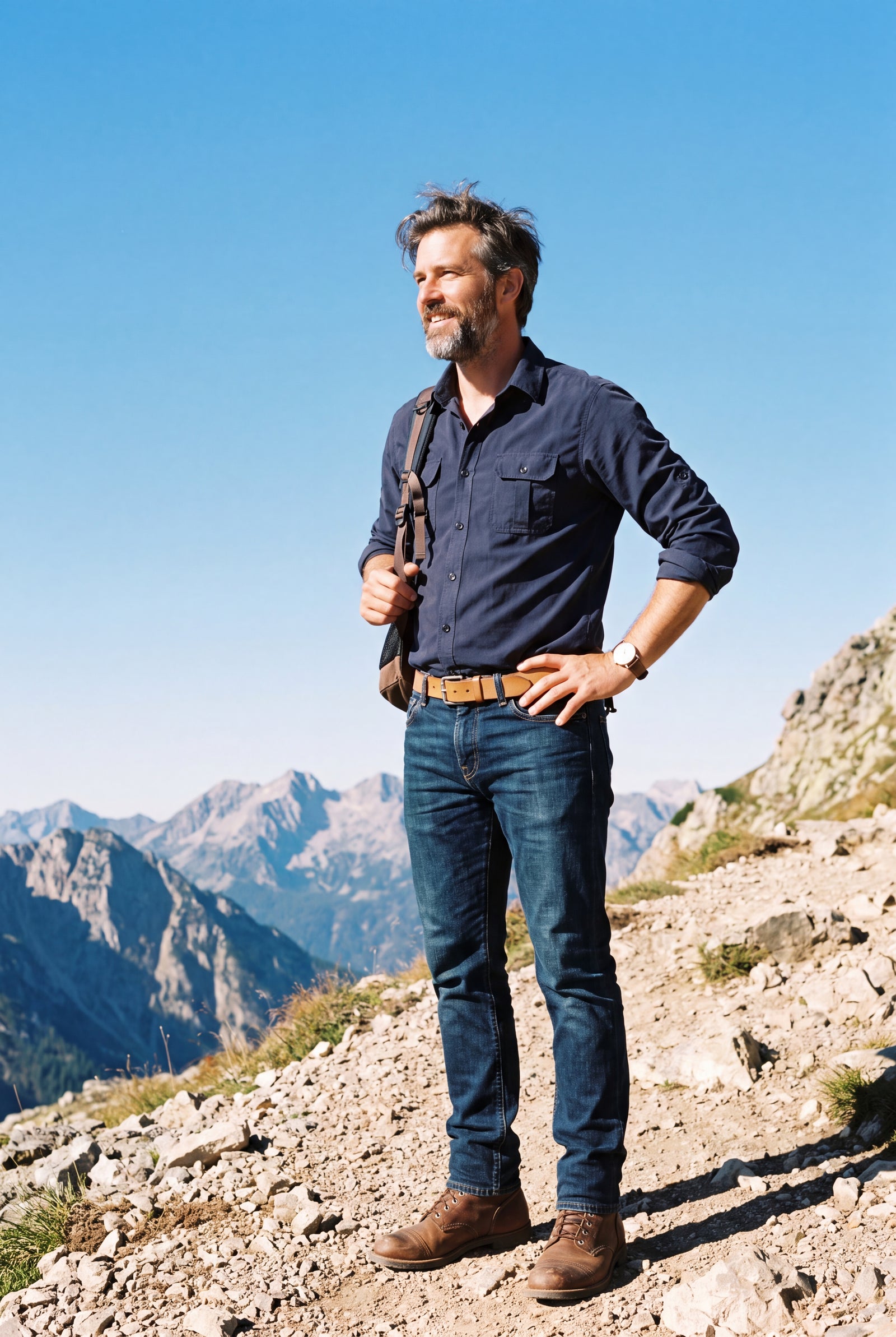 Men's Shirt Button Pockets Long Sleeve in Navy Blue — secondary lifestyle