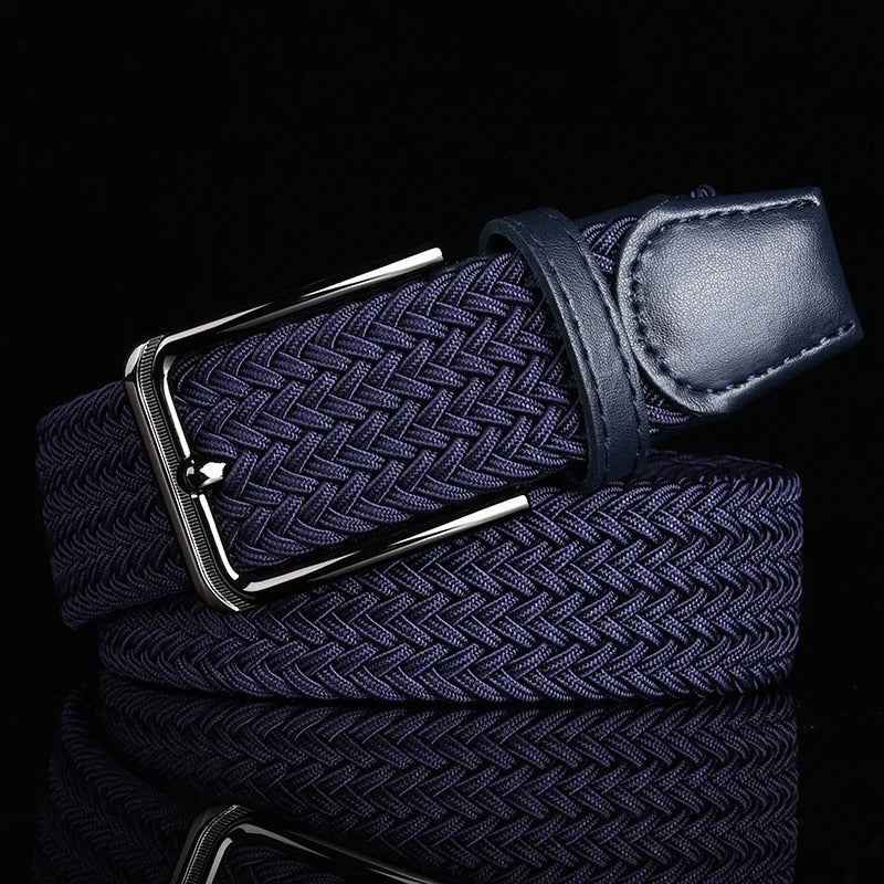 Navy Blue Men's Braided Stretch Belt with Trim and Buckle - Belts - Photo 3