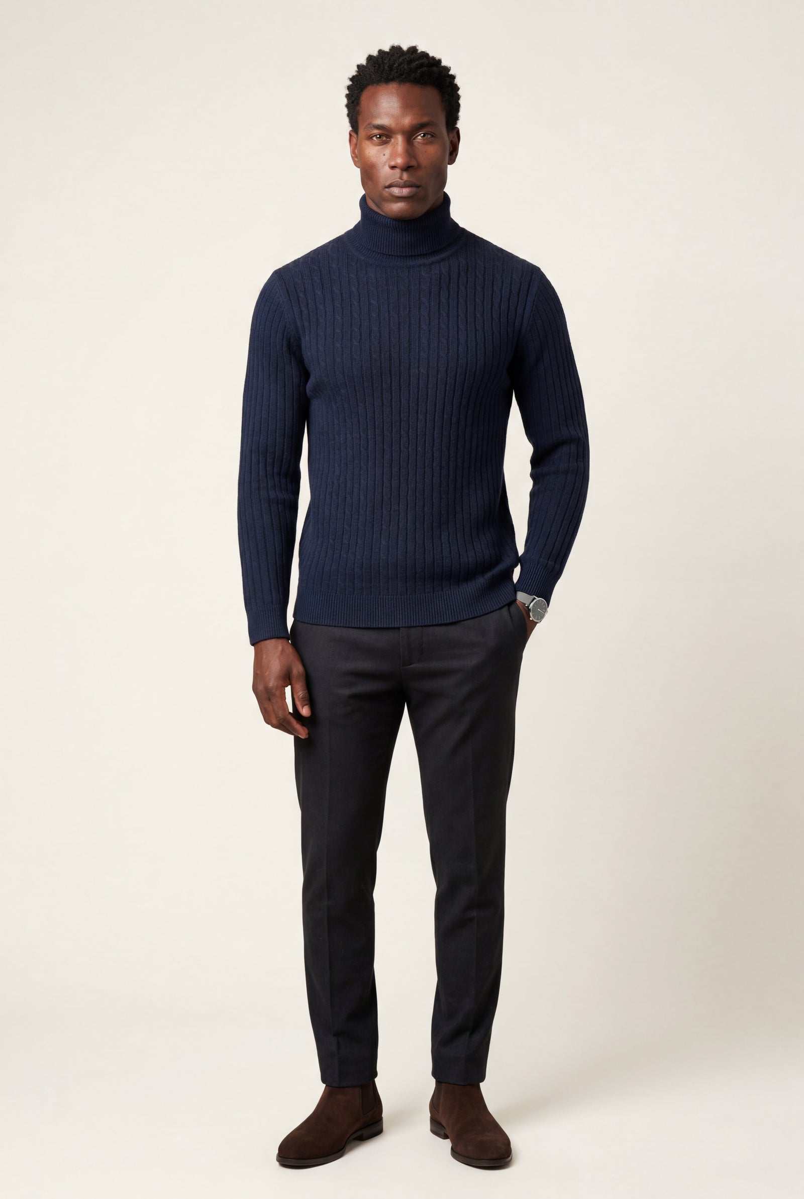 Navy Blue Men's Cable Turtleneck Slim Fit Sweater - Turtleneck sweater - Photo 21