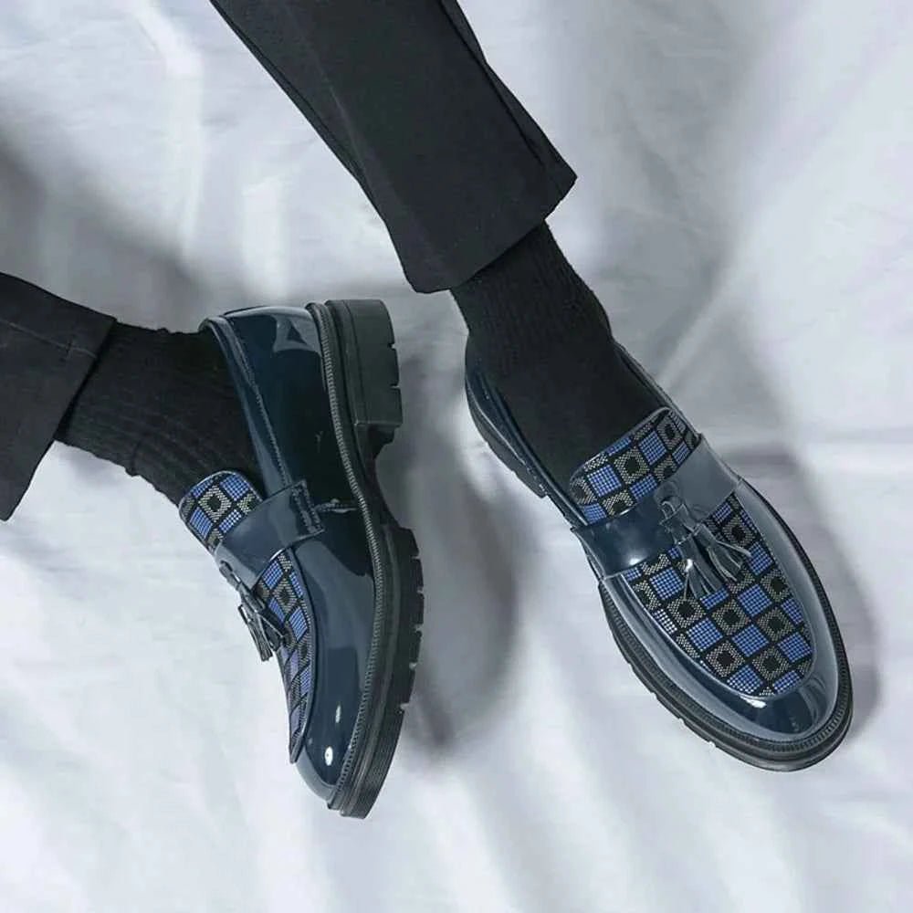 Navy Blue Men's Checked Patent Tassel Loafers with Chunky Lug Sole - Photo 3