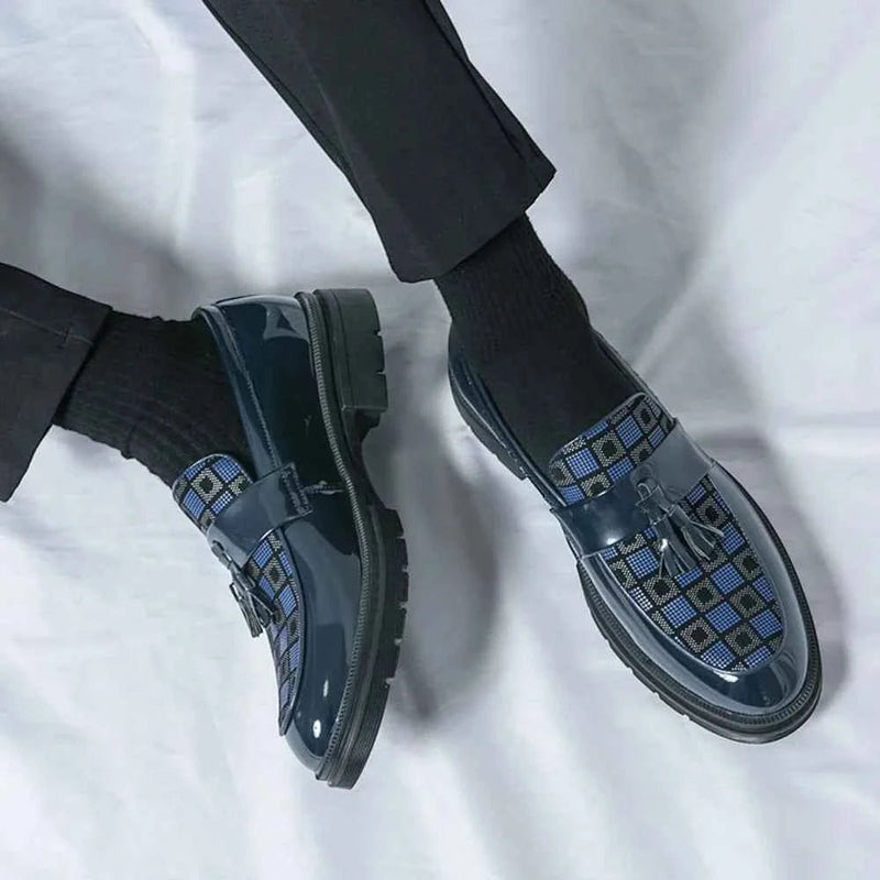 Navy Blue Men's Checked Patent Tassel Loafers with Chunky Lug Sole - Photo 3