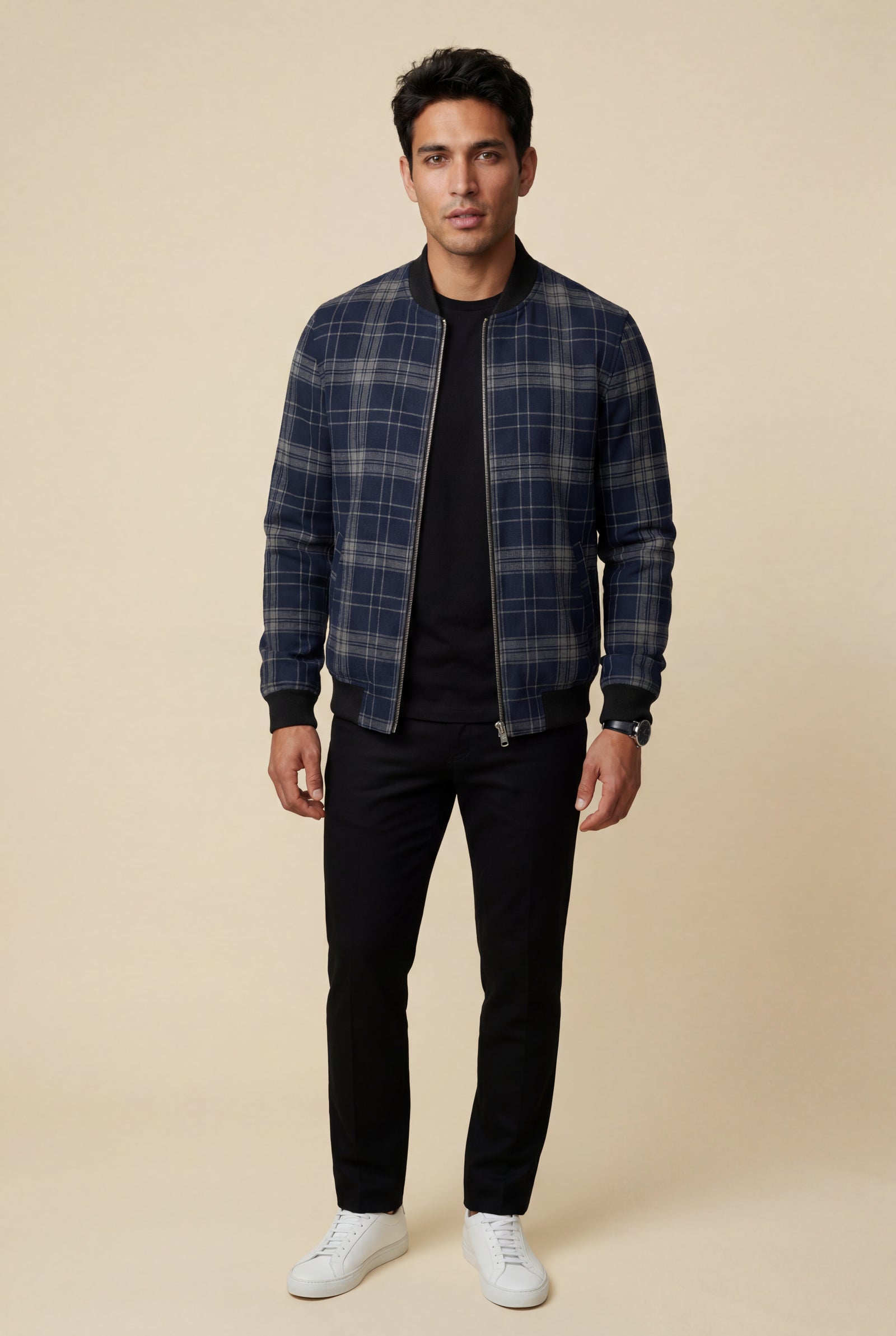 Navy Blue Men's Checked Plaid Classic Bomber Jacket with Ribbed Collar - Photo 1