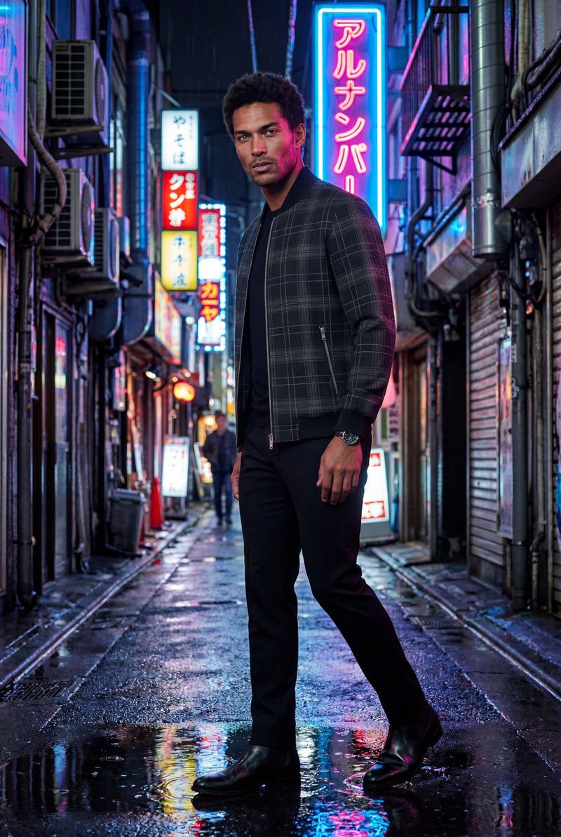 Black Men's Checked Plaid Classic Bomber Jacket with Ribbed Collar - Photo 4