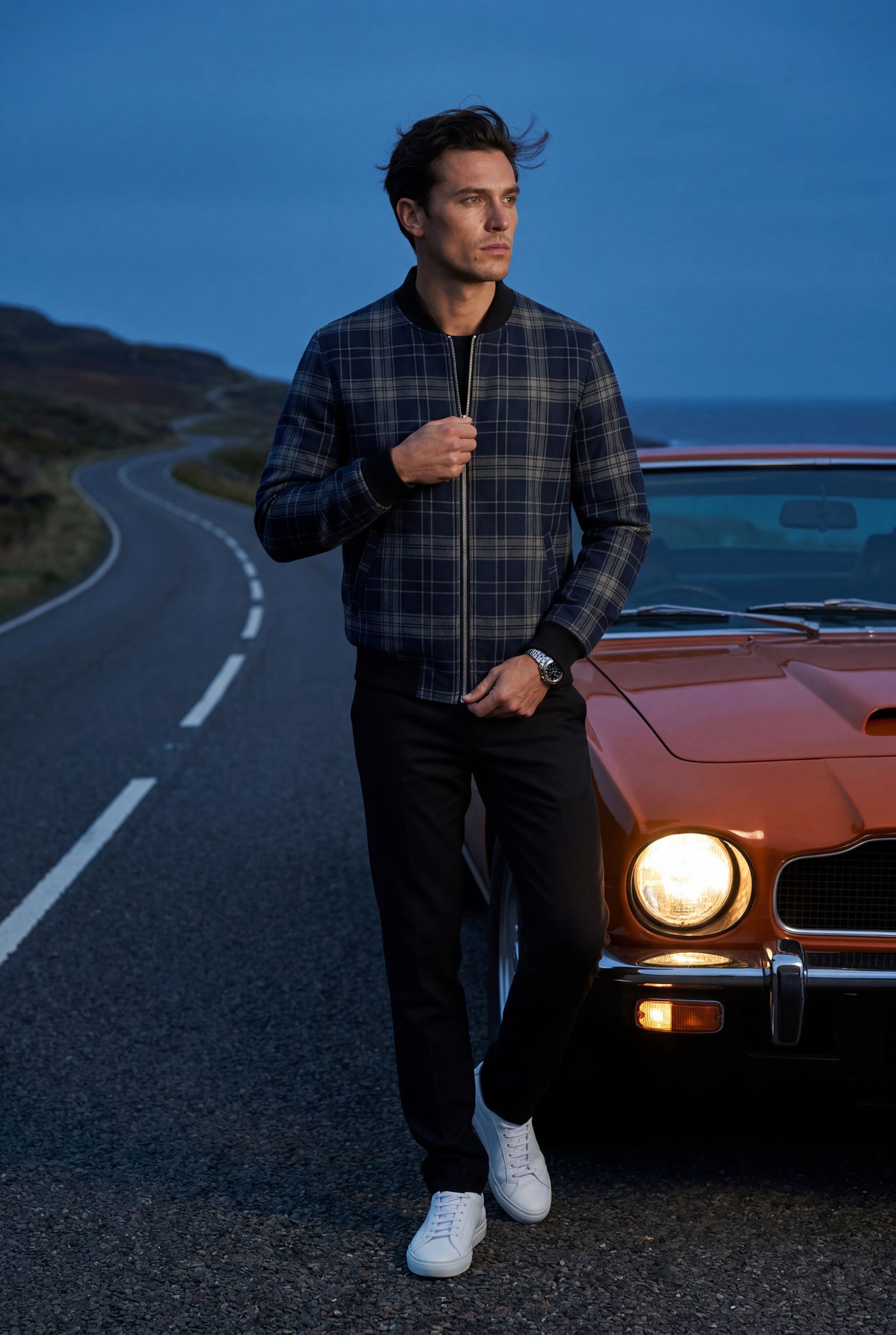 Navy Blue Men's Checked Plaid Classic Bomber Jacket with Ribbed Collar - Photo 8