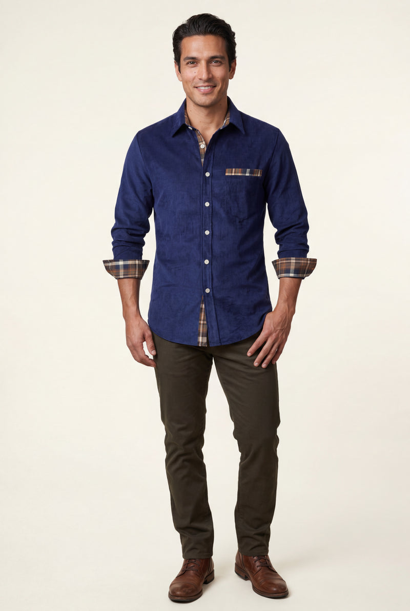 Navy Blue Men's Plaid Trim Button-Up Casual Shirt - Photo 4
