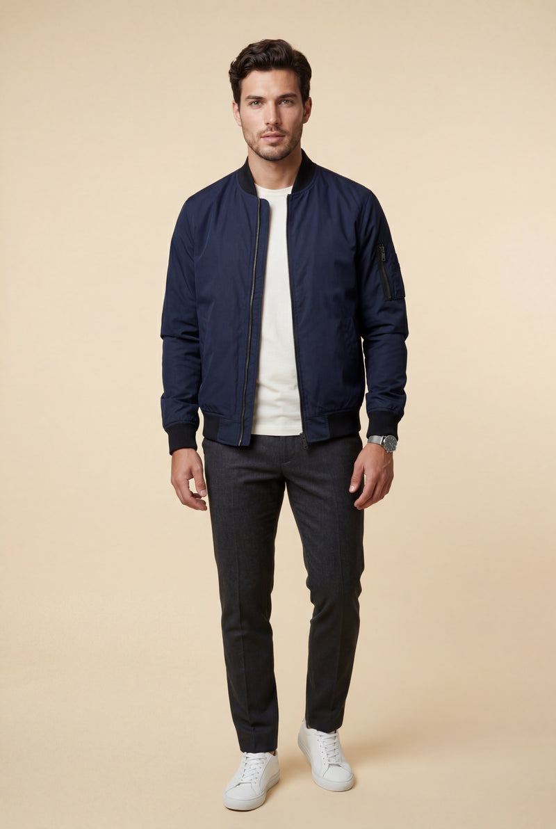 Navy Blue Men's Slim-Fit Minimalist Classic Bomber Jacket - Photo 3