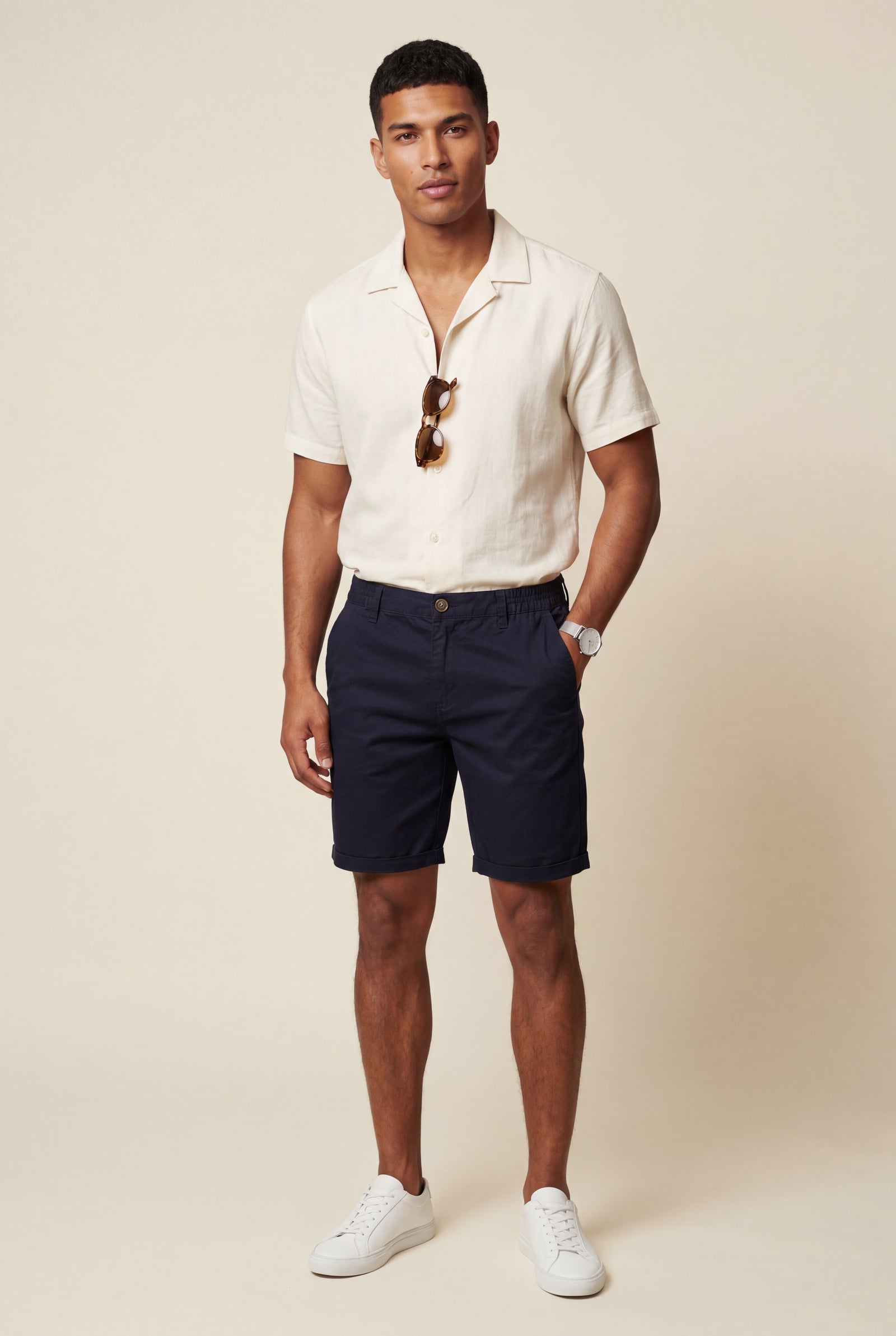 Navy Blue Men's Slim Tailored Fit Chino Shorts with Elastic Waistband - Casual shorts - Photo 1