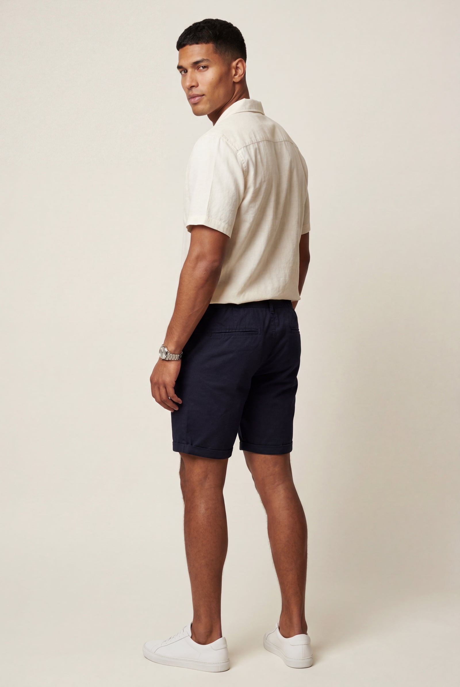 Navy Blue Men's Slim Tailored Fit Chino Shorts with Elastic Waistband - Casual shorts - Photo 2