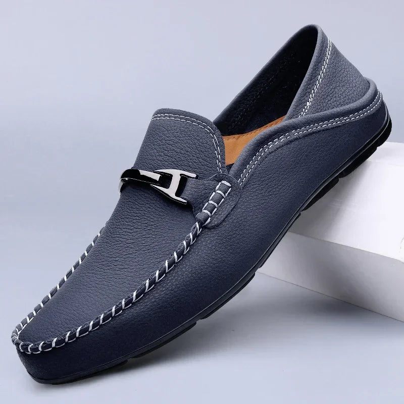 Navy Blue Metal Bit Detail Driving Loafers with Contrast Stitching - Photo 7