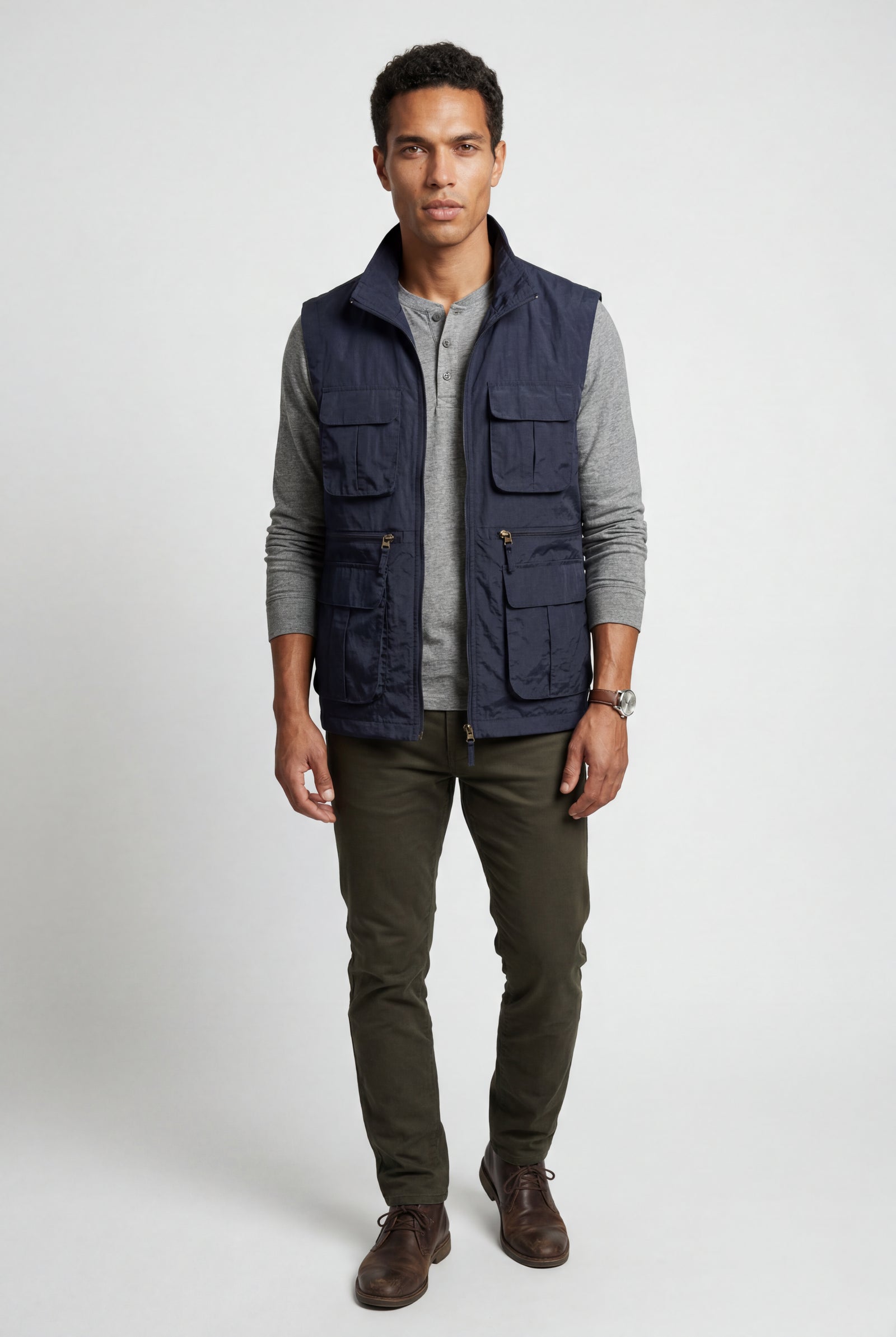 Navy Blue Multi-pocket Stand Collar Utility Vest - Vests - Photo 5