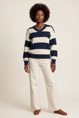 Navy Blue Navy Blue Striped Oversized Cable V-neck Sweater - Oversized sweater - Photo 1