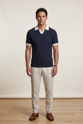 Navy Blue Navy Cable- Contrast Collar Short Sleeve Polo Shirt - Polo shirts - Photo 1
