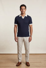Navy Blue Navy Cable- Contrast Collar Short Sleeve Polo Shirt - Polo shirts - Photo 1